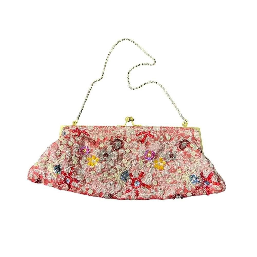 Vintage Pink Lace Beaded Floral Evening Clutch Bag Gold Chain Made in India